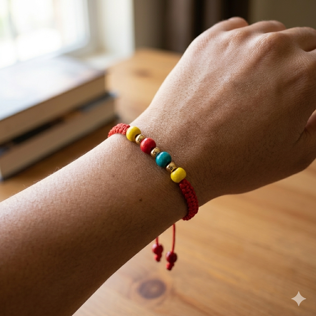 Handmade Red Cord Bracelet with Primary Color Beads & Gold Accents