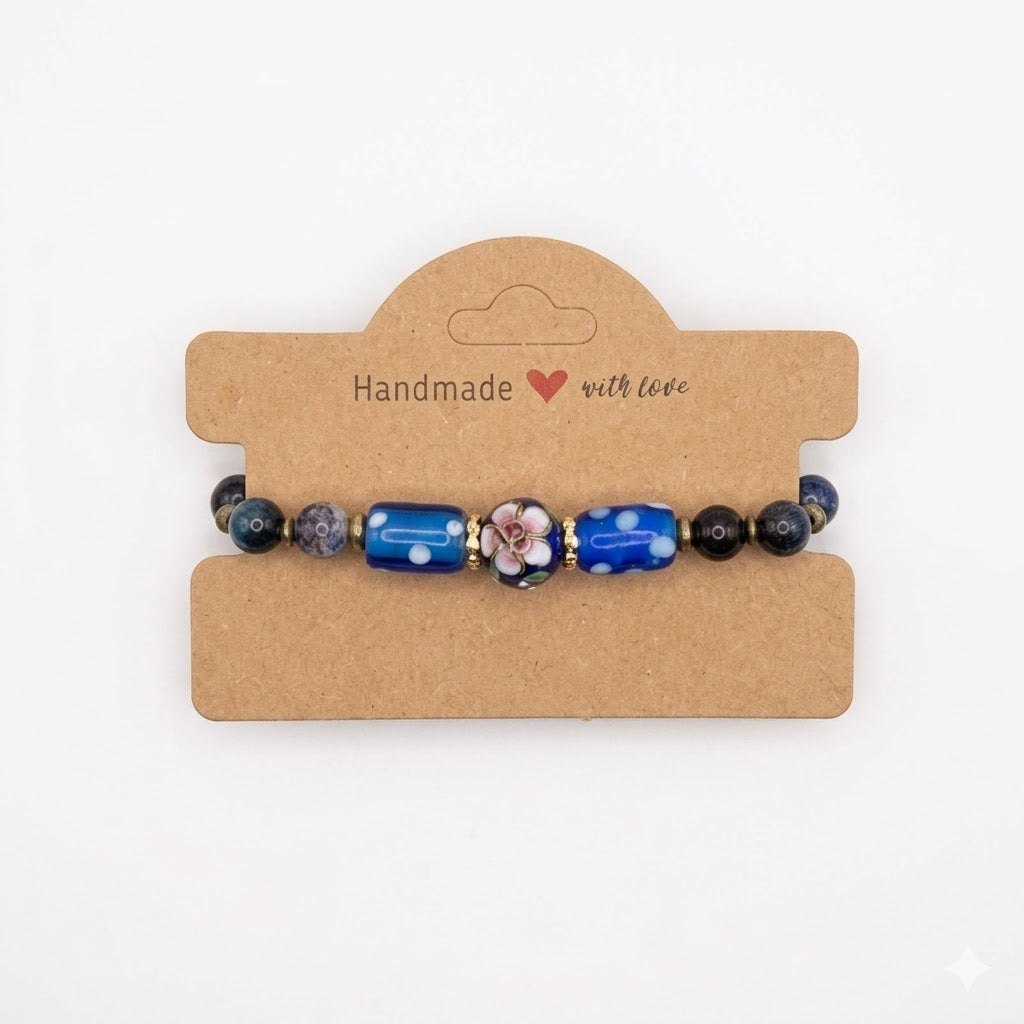 Blue Beaded Bracelet with Painted Flower | Handcrafted Artisan Jewelry