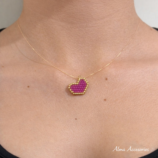 Handmade Miyuki Heart Necklace - Fuchsia & Gold Minimalist Beaded Heart Pendant