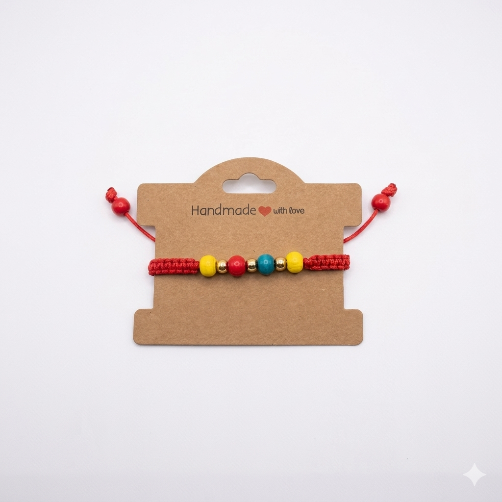 Handmade Red Cord Bracelet with Primary Color Beads & Gold Accents