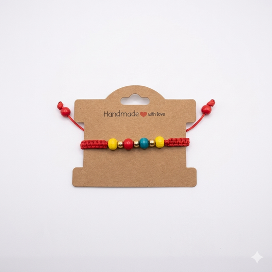 Handmade Red Cord Bracelet with Primary Color Beads & Gold Accents