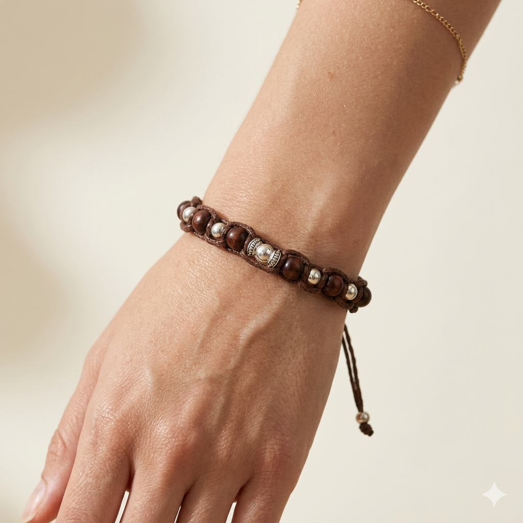 Handmade Macramé Bracelet - Earthy Brown & Silver Accents