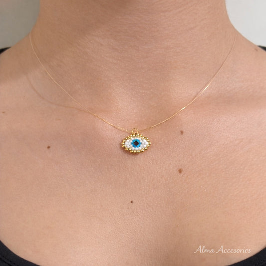 Handmade Miyuki Evil Eye Necklace - Nazar Protection Amulet - Minimalist Beaded Jewelry
