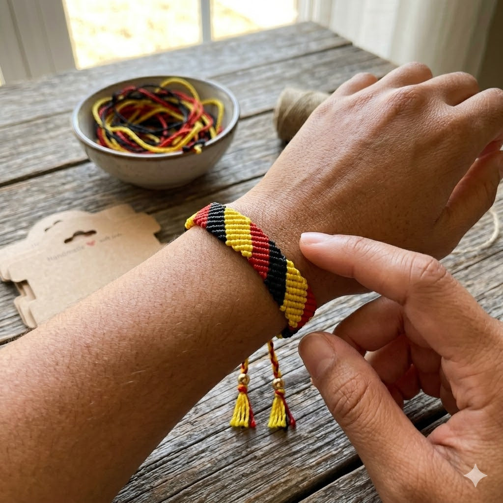 Handmade German Flag Woven Bracelet – Macrame & Gold-Filled Details
