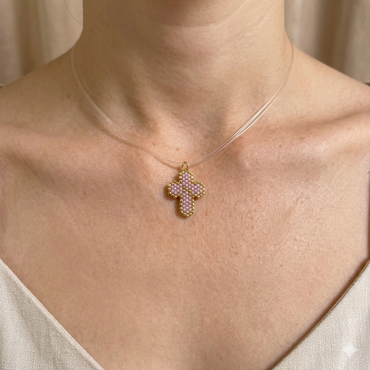 Handmade Miyuki Beaded Cross Necklace - Pastel Pink & Gold Religious Jewelry