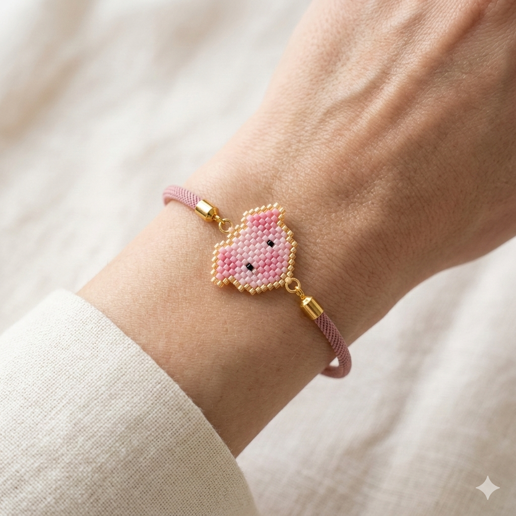 Little Piggy' Hand-Woven Miyuki Bracelet – Pastel Pink Edition