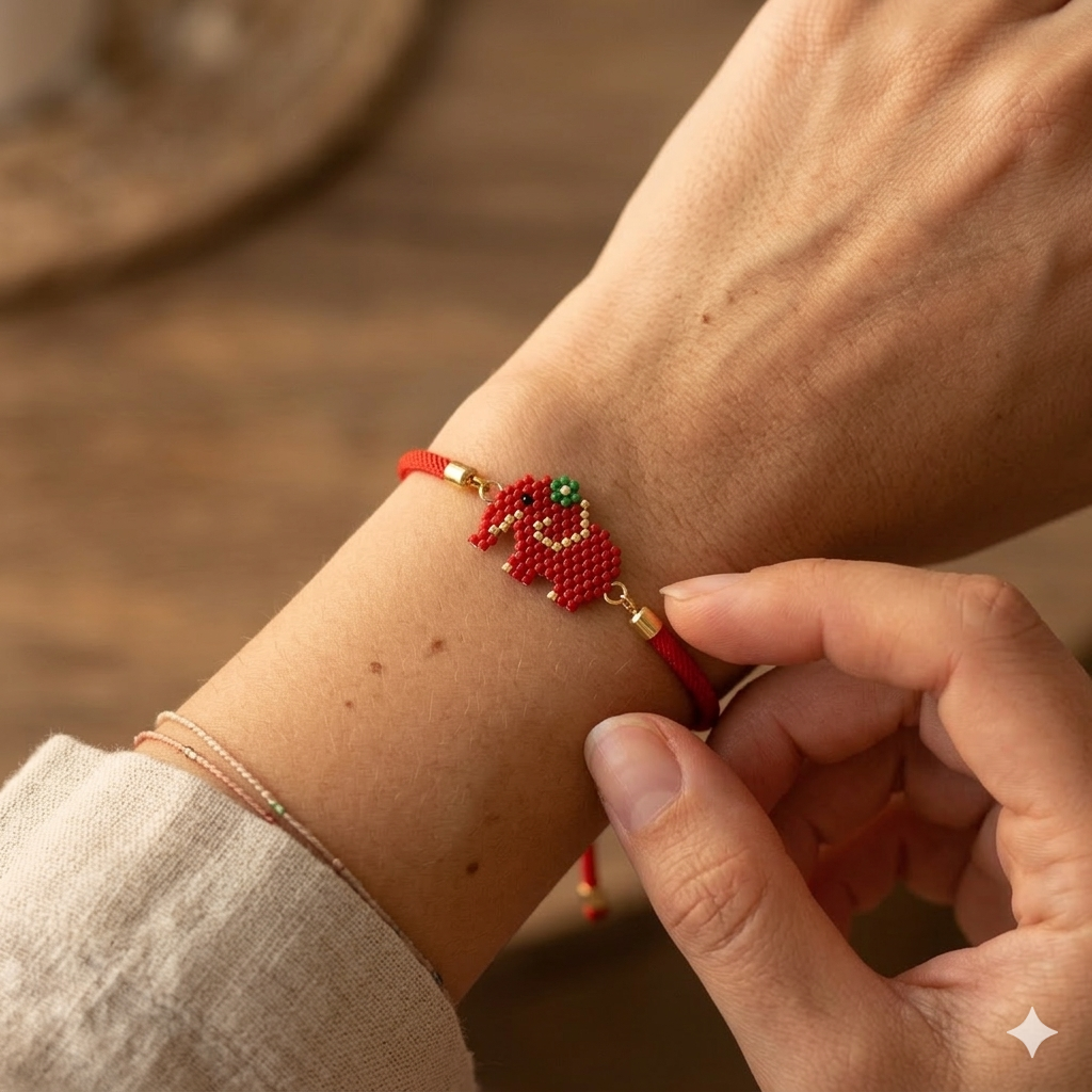 Crimson Ganesha" Bracelet – Miyuki Glass Bead Elephant Amulet