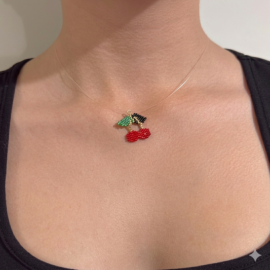 Handmade Miyuki Cherry Charm Choker Necklace - Minimalist Beaded Fruit Jewelry
