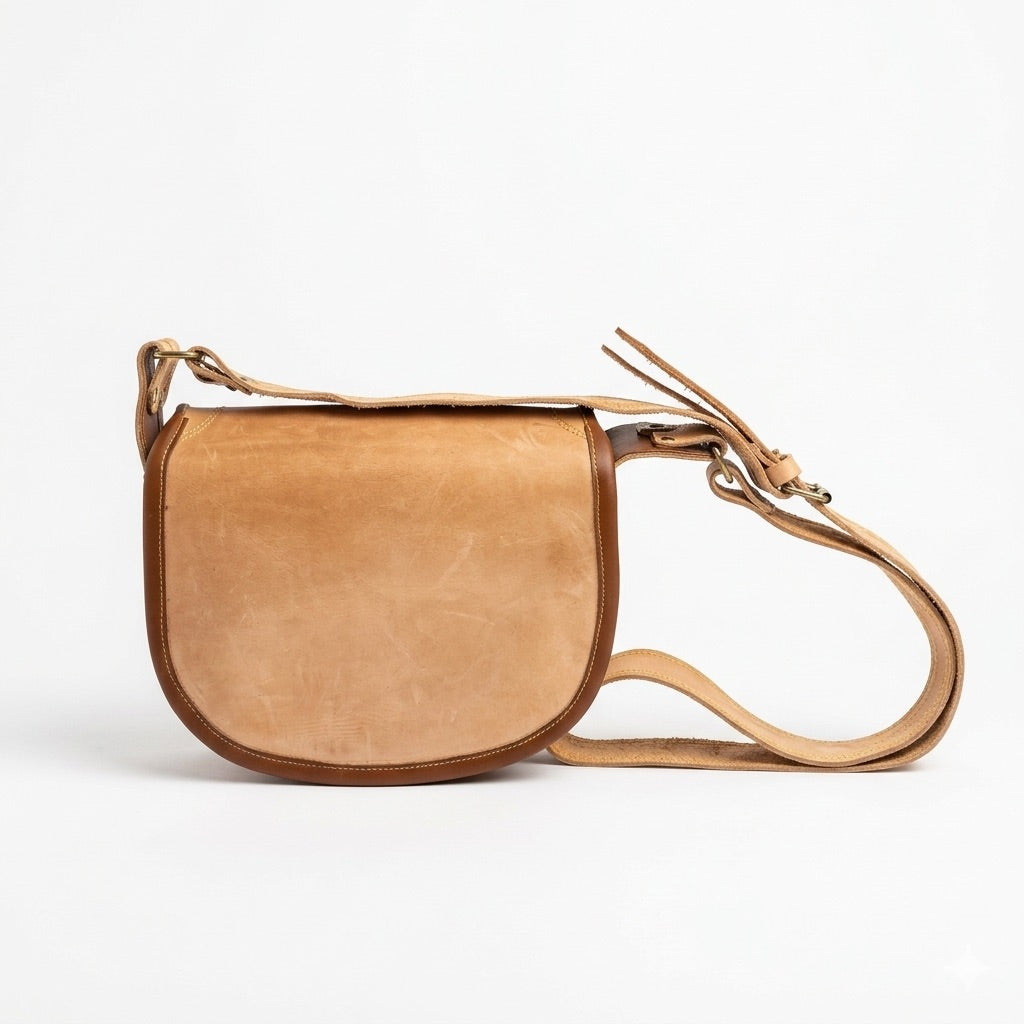 Handmade leather bag close-up showing artisan stitching