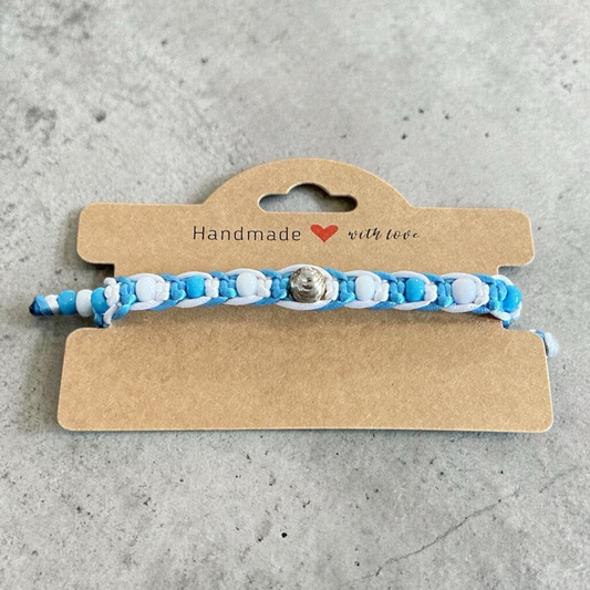 Pulsera Argentina Tejida Artesanal - Manilla Ajustable Celeste y Blanco con Detalle Plateado