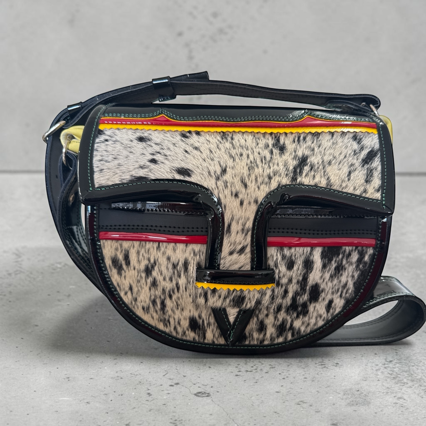 Luxury Carriel with natural cowhide fur flap, front view