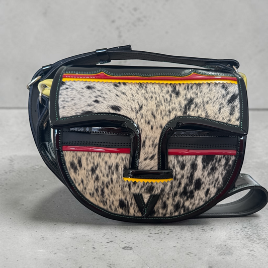 Luxury Carriel with natural cowhide fur flap, front view