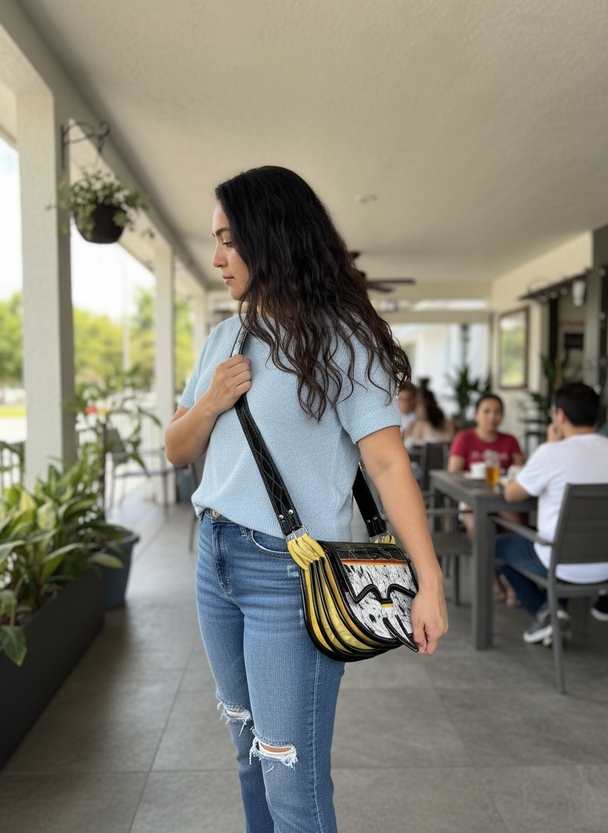 Side view of handmade leather bag from Jericó Antioquia with adjustable strap