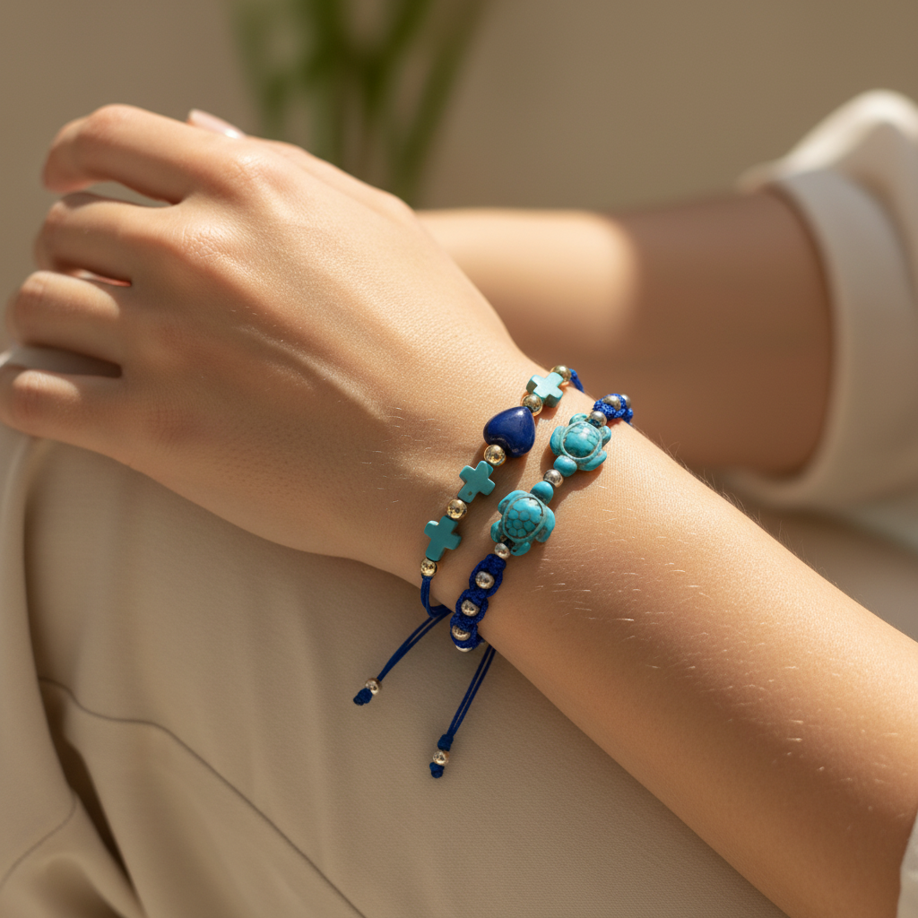 Set de pulseras tortugas y cruces en muñeca